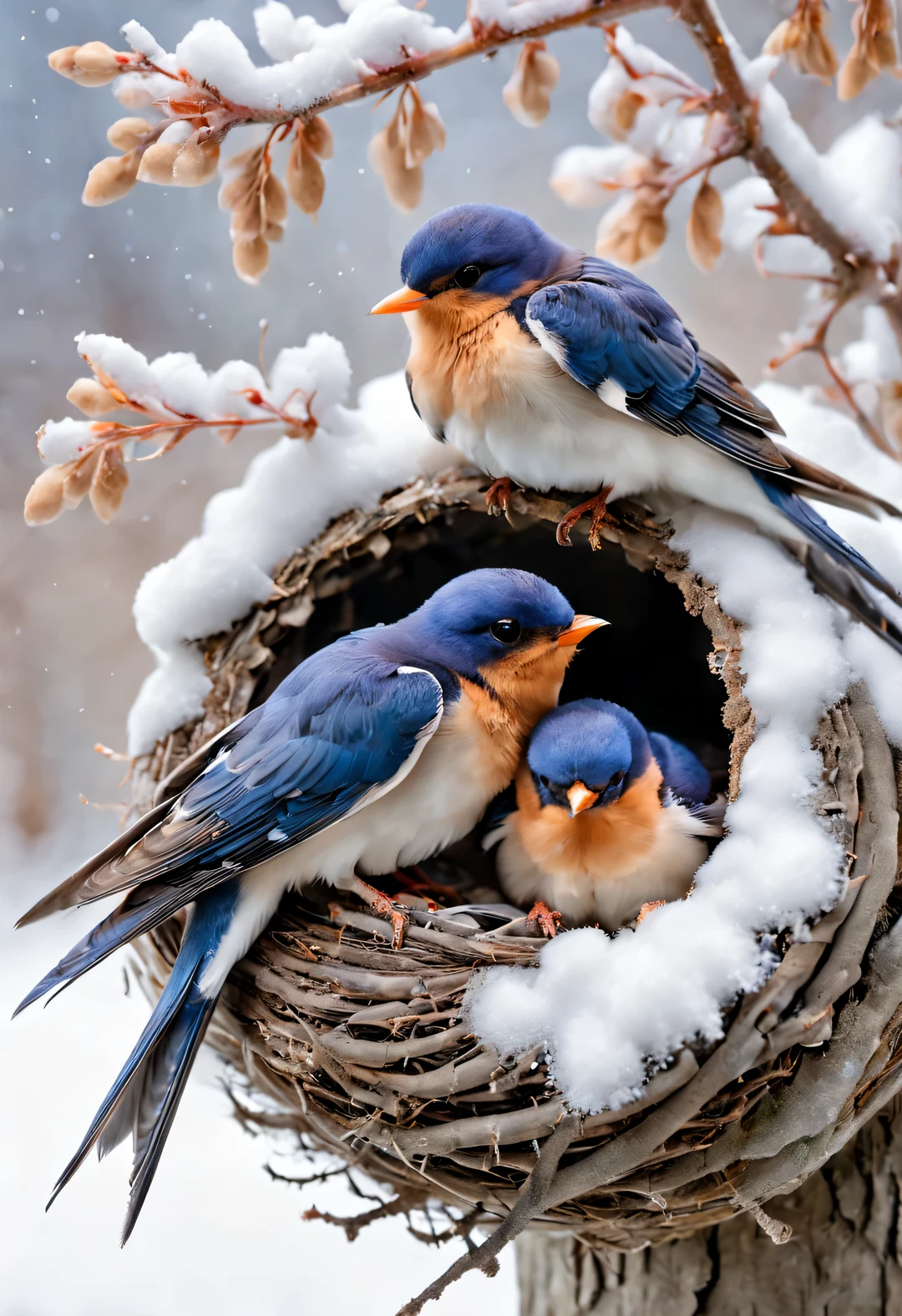 Gouache style, Beautiful detailed ,(Mother swallow is feeding the little swallow in the nest),(Two little swallows open their mouths,Use their young mouths to fight for the little bugs brought by their mothers。.),Feathers shine with blue-black sheen,Each piece is like a carefully polished gem,Exudes a charming light, The nest is sometimes built in a tree cavity,The nest is mainly made of a mixture of mud and saliva,cup or disk,The nest has a rough appearance,Color is gray or brown,It's smoother inside,The color is slightly lighter, background:(Under the snow-covered eaves:0.68),(Big nest covered with snow),(fisheye photography)