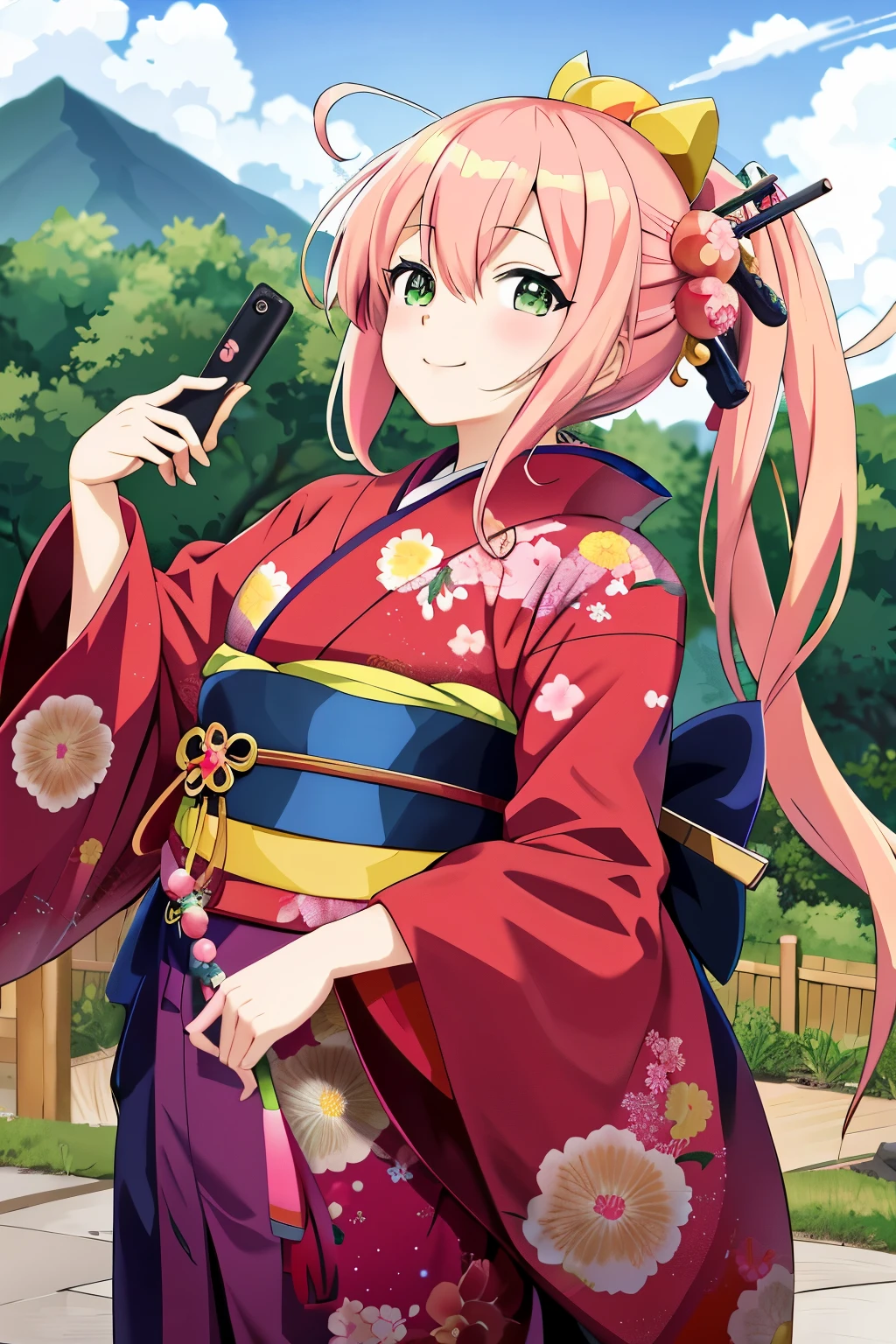 Anime girl in a kimono holding a peach and looking at the camera, in kimono, anime style 4k, Anime girl with pink hair and green eyes wearing Japanese clothes,  Kantai Collection Style, anime moe art style, stylized anime