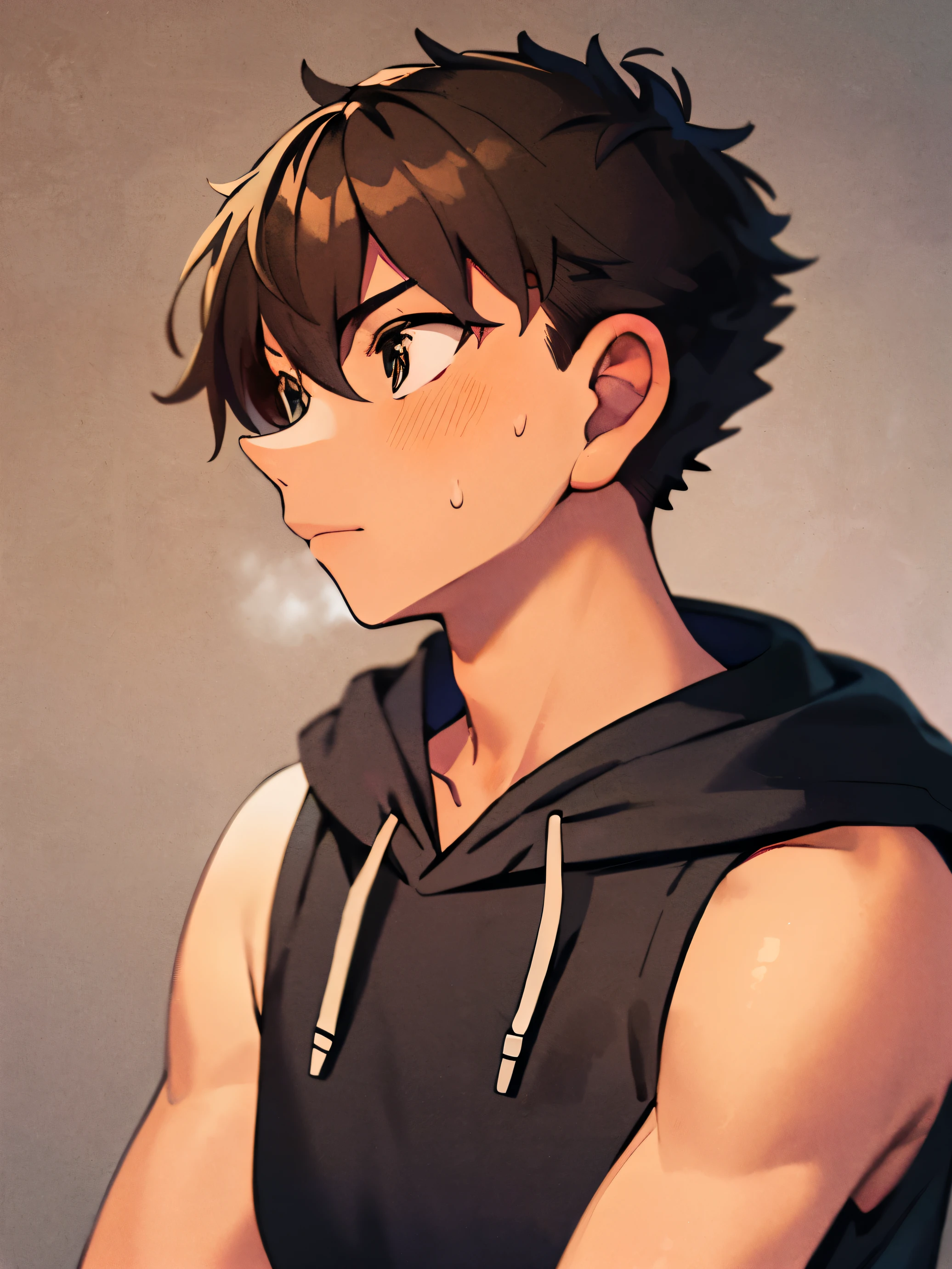 Highres, Masterpiece, Best quality at best,High-quality illustrations, Best Quality,hight quality, hight detailed, 1boy, solo, Boy, Sleeveless hoodie, Sweat,