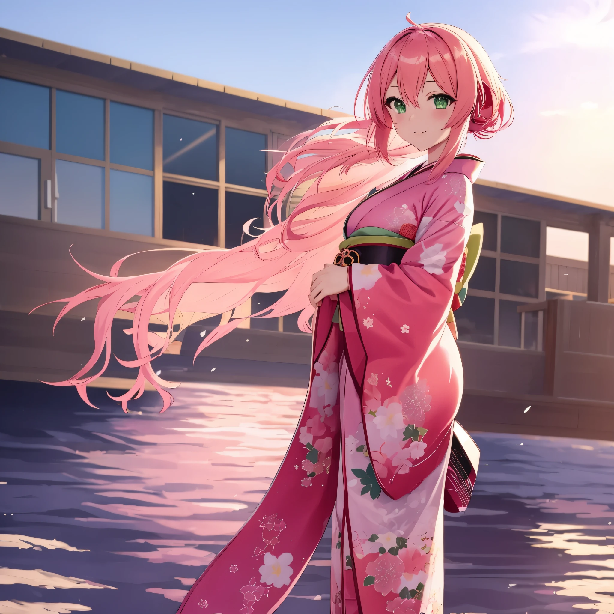 Anime girl with pink hair and green eyes wearing a kimono, Kantai Collection Style,  anime moe art style, stylized anime,anime style 4k, Cute girl anime visual,  Cute anime waifu in a nice kimono