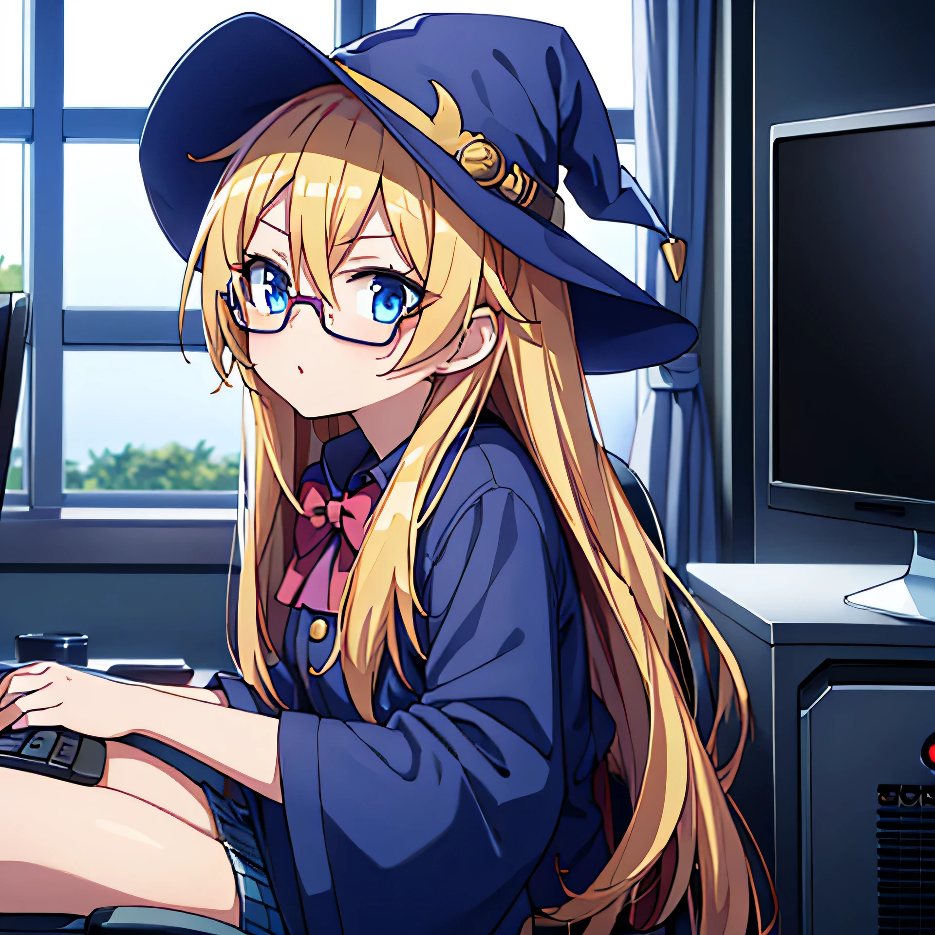 Young anime girl, long blonde hair, blue eyes, nerd, round glasses, witch outfit, caricature expression, room with posters, computer, gaming PC, Compuder, video game controller