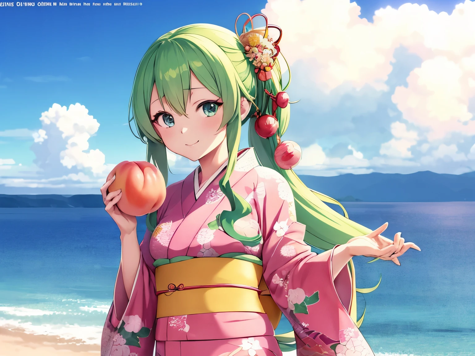 Anime girl in a kimono holding a peach and looking at the camera, in kimono, anime style 4k, Anime girl with green hair and blue eyes wearing Japanese clothes,  Kantai Collection Style, anime moe art style, stylized anime, Best Anime 4K Kona-chan Wallpaper, anime style 4k, Cute girl anime visual, anime wallpaper 4 k, anime wallpaper 4K, Cute anime wife in a nice dress, anime wallpaper, in kimono, anime art wallpaper 4k, anime art wallpaper 4k, in kimono