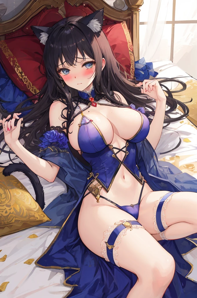 A woman with big ，Young princess，victorian style，clavicle，Prominent and smooth underboob，exquisite，Intricate details，Complex textures，transparent，pubic，innominate bone，(blush:1.2)，shed tears，Fear，Drunk，(Lying in bed)，leg rings，Cat ear，