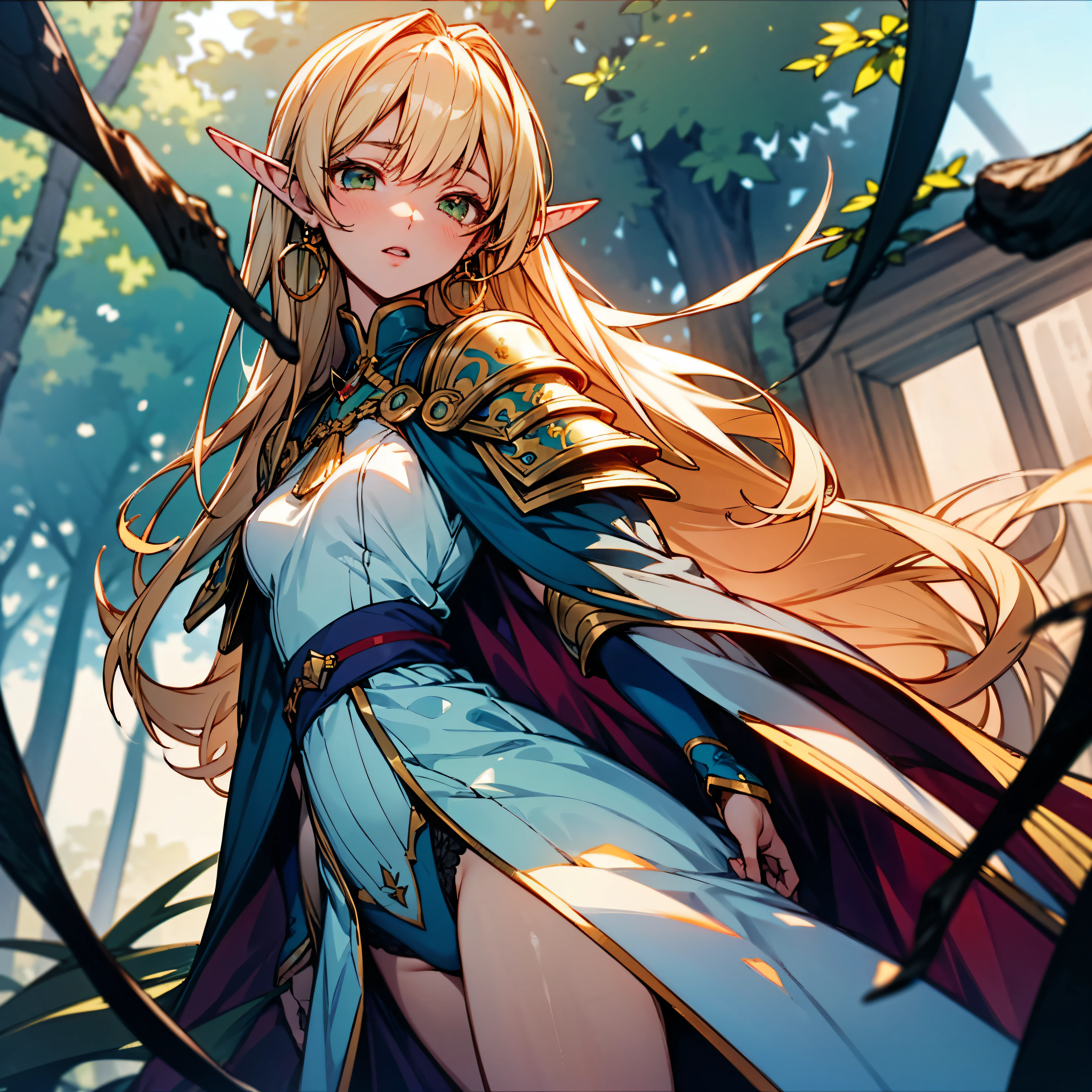 (extremely detailed fine touch:1.2), (natural light, sun light, light rays, dappled light, ray tracing:1.2), mature female , masterpiece, best quality, highly quality , ANI_CLASSIC_deedlit_ownwaifu, www.ownwaifu.com, pointy ears, blonde hair, long hair, elf, circlet, green eyes, long pointy ears, very long hair, breasts, medium breasts, earrings, lips, makeup, bangs, cape, armor, blue cape, shoulder armor, pauldrons, gloves, breastplate, belt, green dress, short dress, looking at viewer, blush, open mouth, standing, (Masterpiece, extremely detailed CG, sharp line),deedlit, offcial art, Colorful, Beautiful Japanese anime style,Extremely detailed eyes and face,Sharp pupils,realistic pupil,In the woods、cabellos largos dorados,ears of elf,Black lace panties,Slender thighs, varies multi etc. --v 6 --s 1000 --c 20 --q 20 --chaos 100