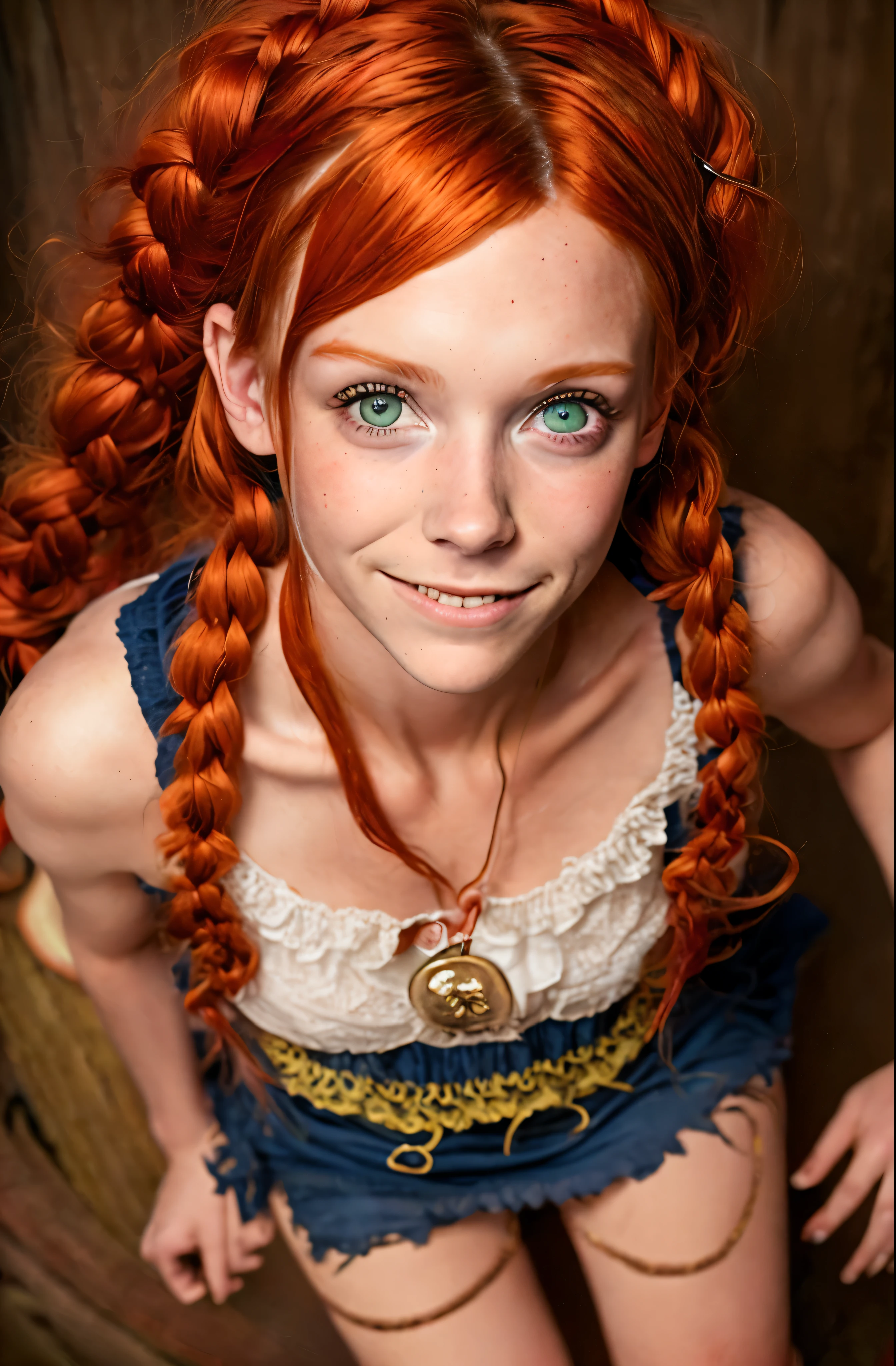 Ultra-detailed image of 18-year-old Pippi Longstocking, mischievous eyes, long red tousled and braided hair, sexual, Sloppy look, Short skirt, In Dynamic, smiling, bright colors, Intricate details of her beautiful eyes and perfect face, rim light.