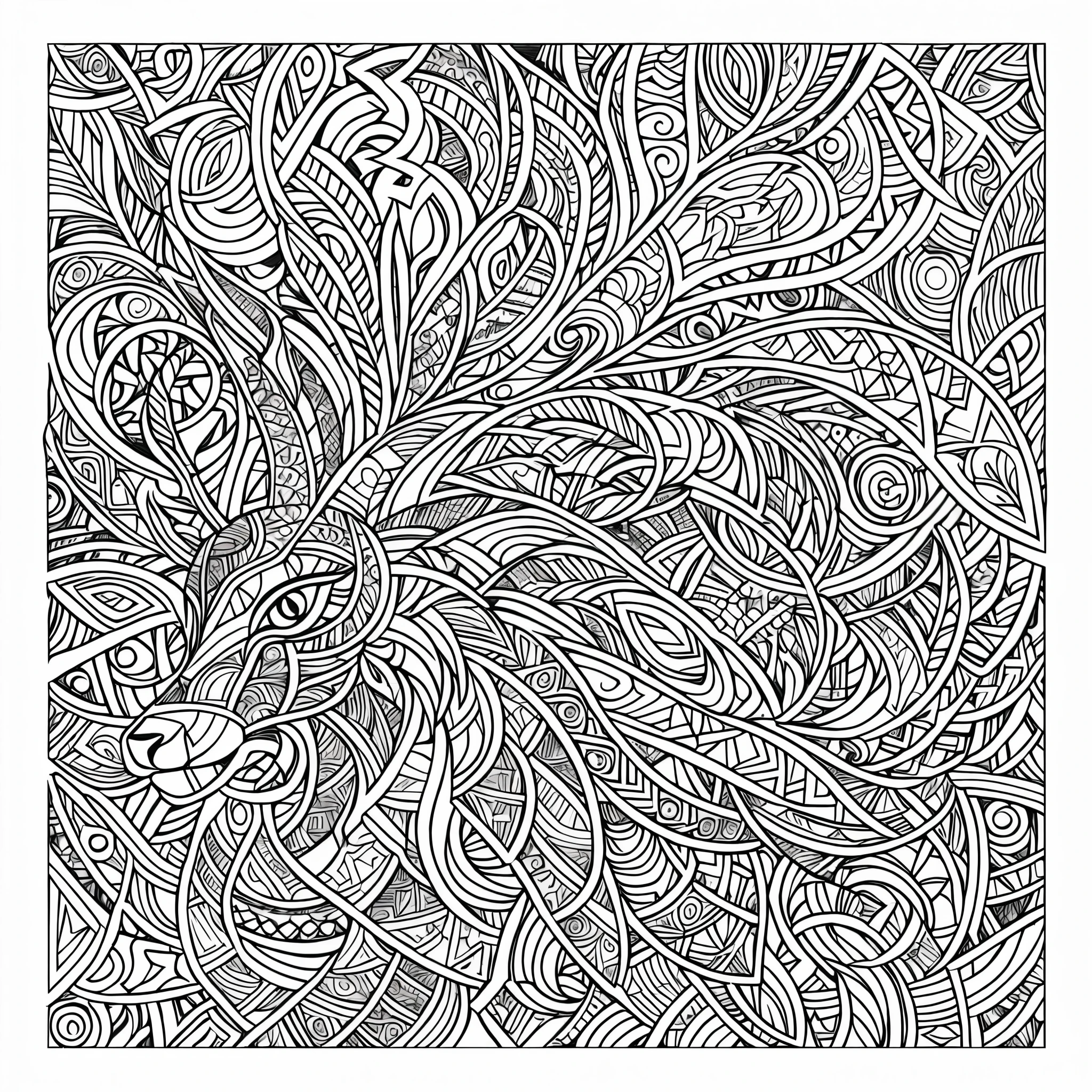 deer hunting,Livre de coloriage, lignes connectées, symétrie,face à l'avant, noir et blanc, travail au trait épais, grands modèles, espace négatif, motif épais, fond de belle forêt, dessin au trait fin stylisé à l'encre, vecteur, Adobe Illustrator, .eps, conception pour le tatouage, Modèle africain