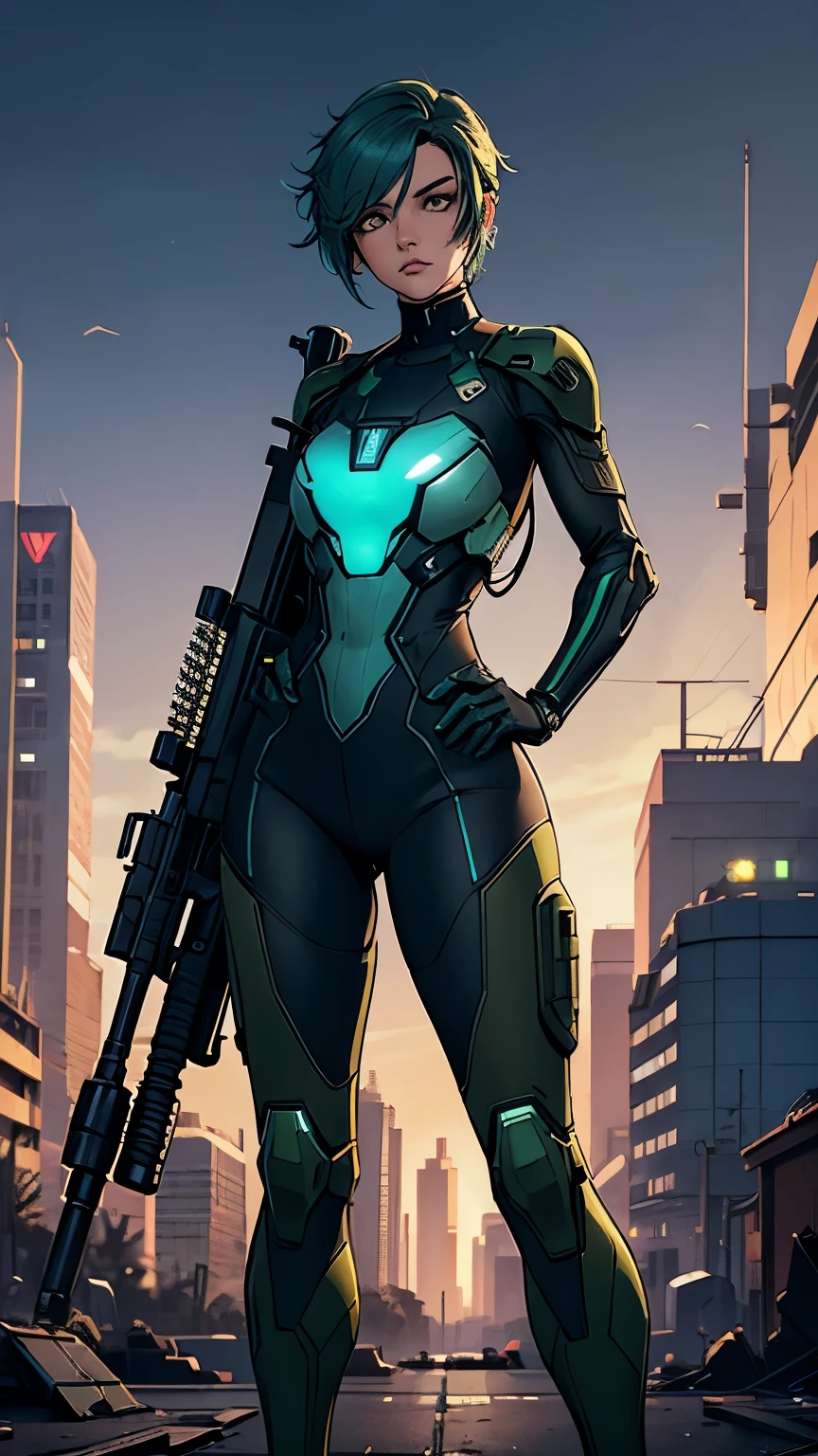 lady, master chief suit with olive green neckline without helmet, short light blue cyberpunk style hair, sensual gesture, dashing pose with long futuristic sniper rifle, full body focus, ultra definition, destroyed city background.