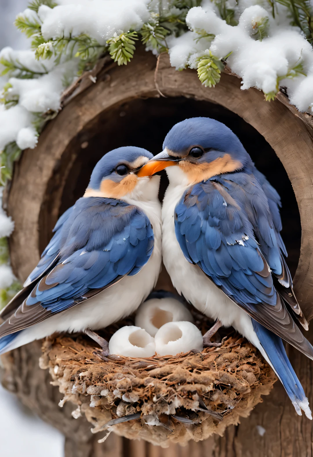 Gouache style, Beautiful detailed ，（Mother swallow is feeding the little swallow in the nest），（Two little swallows open their mouths，Use their young mouths to fight for the little bugs brought by their mothers。.），Feathers shine with blue-black sheen，Each piece is like a carefully polished gem，Exudes a charming light， The nest is sometimes built in a tree cavity，The nest is mainly made of a mixture of mud and saliva，cup or disk，The nest has a rough appearance，Color is gray or brown，It&#39;s smoother inside，The color is slightly lighter， background：（Under the snow-covered eaves：0.68），（Big nest covered with snow），（Bottom-up perspective：0.8）