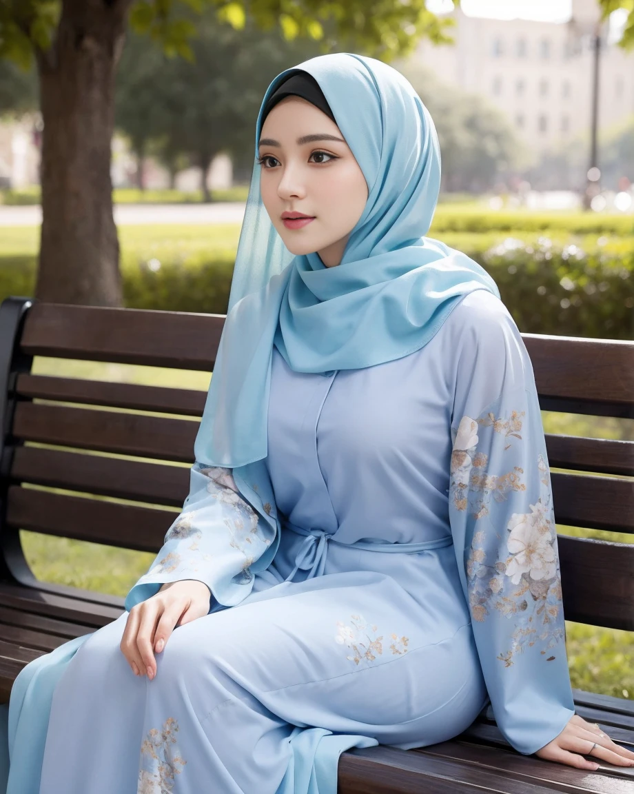 a malay woman, beautiful detailed eyes, beautiful detailed lips, long eyelashes, wearing hijab, pastel color floral abaya, half body, masterpiece:1.2, sexy pose, sitting on a bench in the park, vibrant colors, soft lighting, bokeh