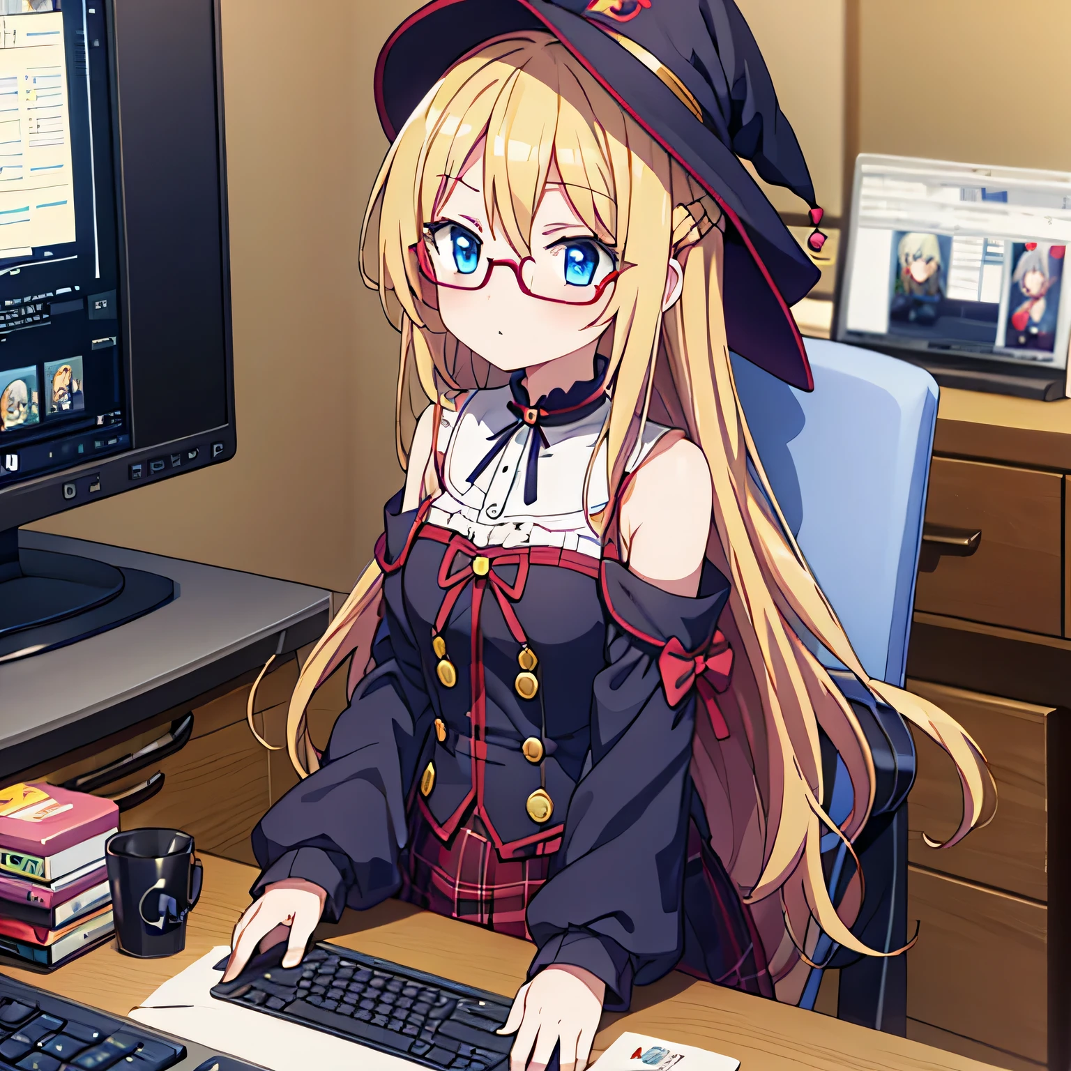 Young anime girl, long blonde hair, blue eyes, nerd, round glasses, witch outfit, caricature expression, room with posters, computer, gaming PC, Compuder, video game controller