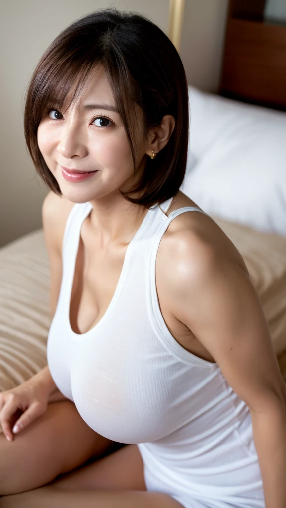 ((highest quality)), ((masterpiece)), (be familiar with), perfect face, mature woman, 50 years old, Japanese,  big breasts, big areola, erect nipples, round face, small face, sharp chin, big nose, long eyes, Cat-like eyes, Laughter, , big ass, full body image, Tank top, thin fabric hot pants, very short hair, Rise, anxious look, beautiful woman, Crisp double eyelids,  Dark circles in the eyes, nasolabial folds, wrinkles around the eyes, kneel, blowjob, semen, housewife, Aunt, loose body, Sweat, A look that wants a penis, bed time, suck penis, 顔に付いたsemen, A face that glares harshly