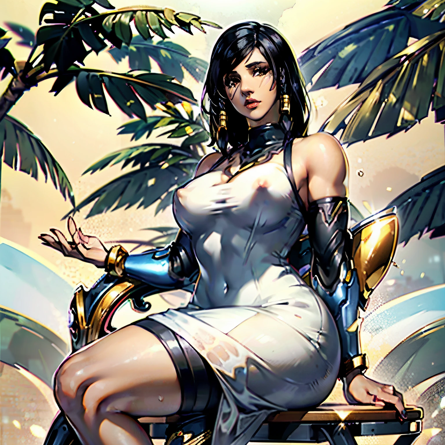hyper realistic, highly detailed masterpiece of beautiful (Pharah from Overwatch:1.1), (sitting on thrown:1.3), curvy thick body , tanned skin , black braided hair, perfect face features, thick kissable lips, golden eyes, thick eyebrows, eyelashes, thin nose, glowing eyes, thick eyeliner, golden accessories, jewelries, muscular body shape , wearing white see through nuisette , seductive look, (see-through dress:1.2), nipples, OverallDetail,
