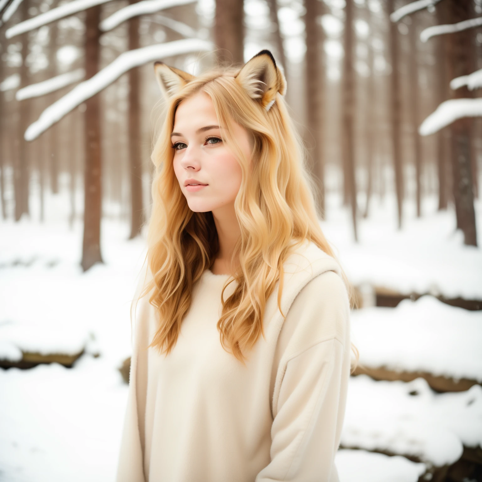 analog raw candid photo of a beautiful young woman, fox ears, fox tale, realistic skin texture, dirty blonde hair, slim, (closed mouth:1.1), erotic, relaxed, haze lighting, fox tale, winter, snow, 35mm