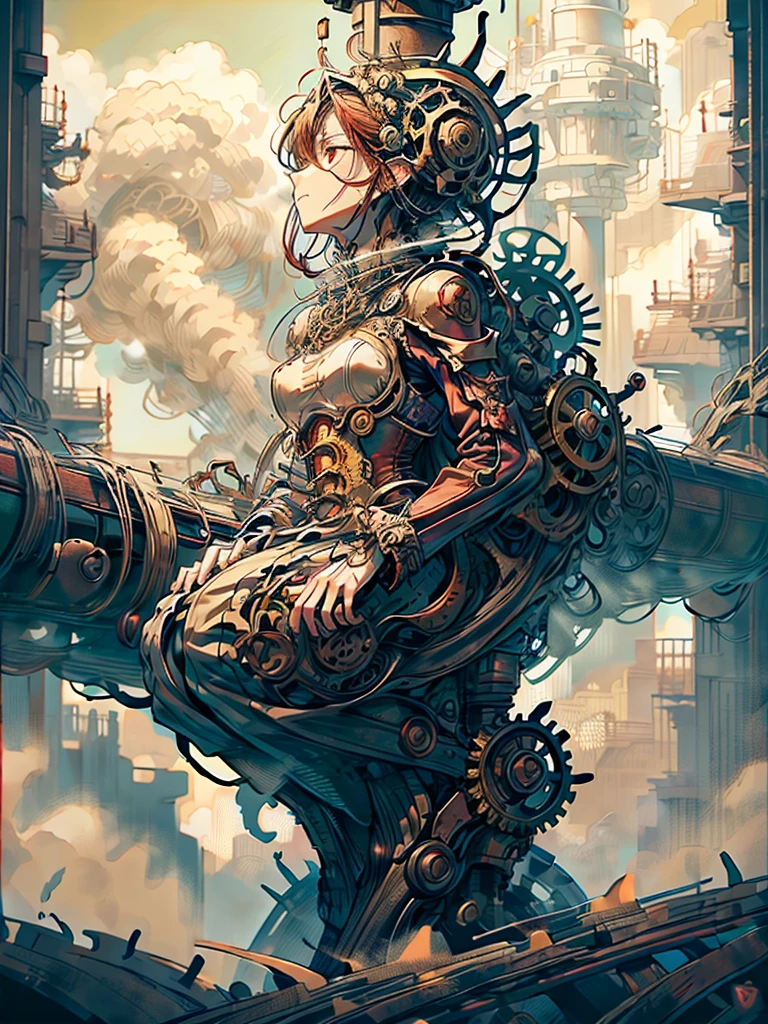 One Dragon、long limbs and neck、facing forward、Made of gears and a steam engine、The red gear of the heart is visible、Flying with spread wings