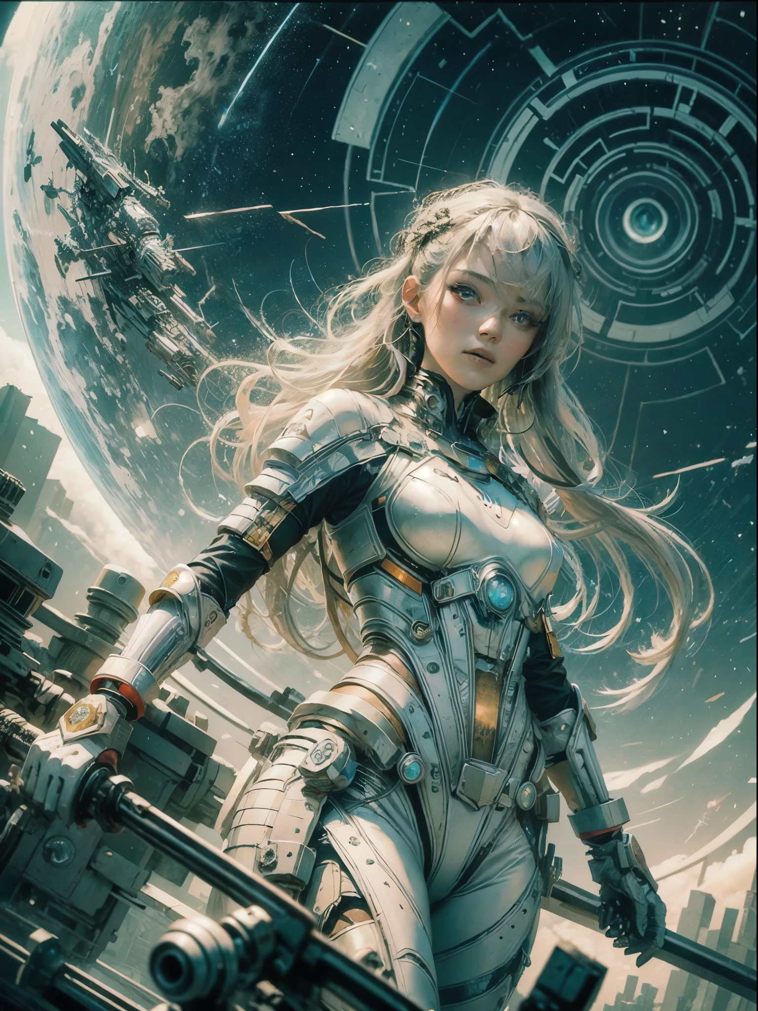 master-piece,1 monk warrior girl with white tech suit clothes,White long hair,laces,Abstract retro sci-fi background,art of moebius,Ashley Wood's art,dynamicpose,Wandering Earth,Space Starry Sky