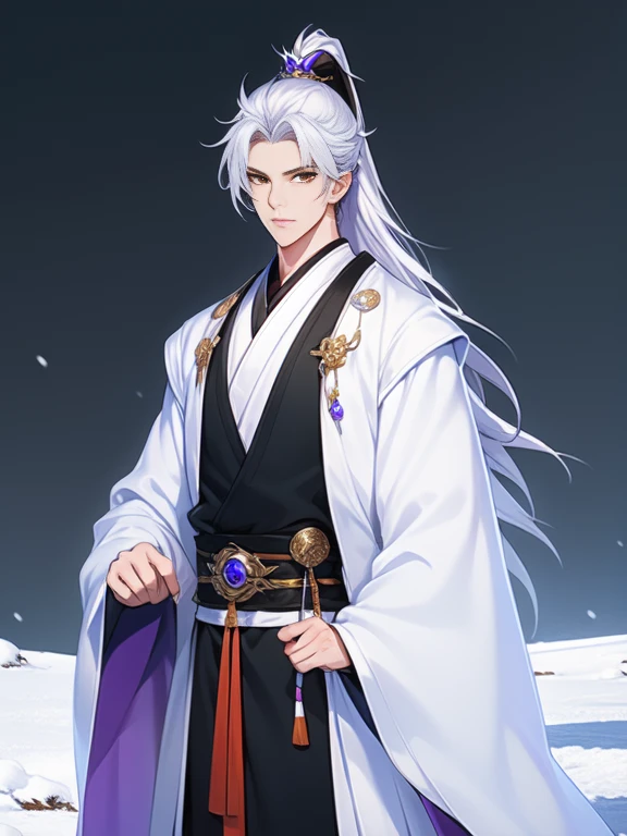 solo person,Messy White Hair , Orange eyes , purple martial arts uniform , Snowy background , Snowy wasteland background, Martial arts costumes , 1male people , Complicated details , perfect generation , male people , musculous , poncho