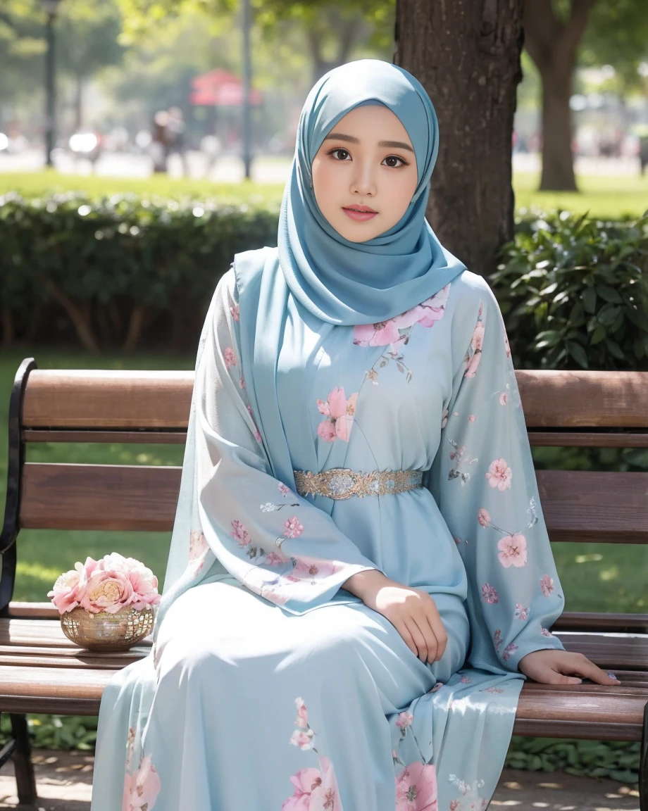 a malay woman, beautiful detailed eyes, beautiful detailed lips, long eyelashes, wearing hijab, pastel color floral abaya, half body, masterpiece:1.2, sexy pose, sitting on a bench in the park, vibrant colors, soft lighting, bokeh, realistic skin, skin pores