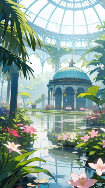 (highest quality, masterpiece, surreal), Wet day, it's raining, Wet ground, puddle, Indoor Botanical Garden, dome, lots of flowers, Dense plants, The background landscape is、It is a garden with petals and puffs flying around. --v6