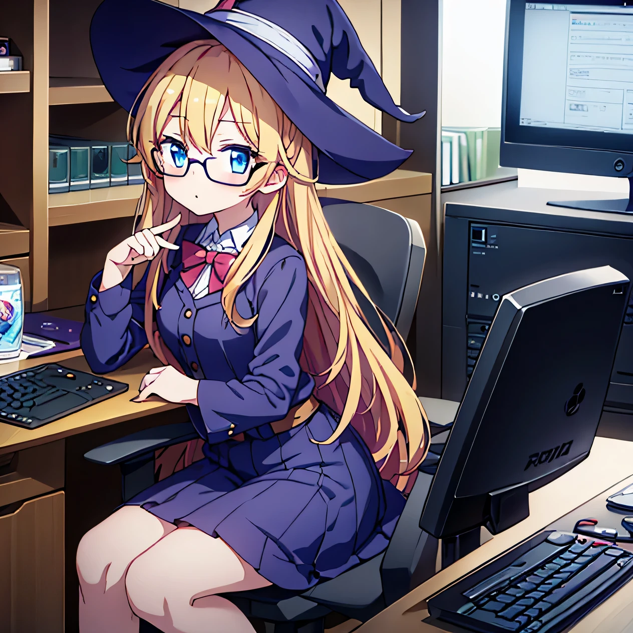 Young anime girl, long blonde hair, blue eyes, nerd, round glasses, witch outfit, caricature expression, room with posters, computer, gaming PC, Compuder, video game controller