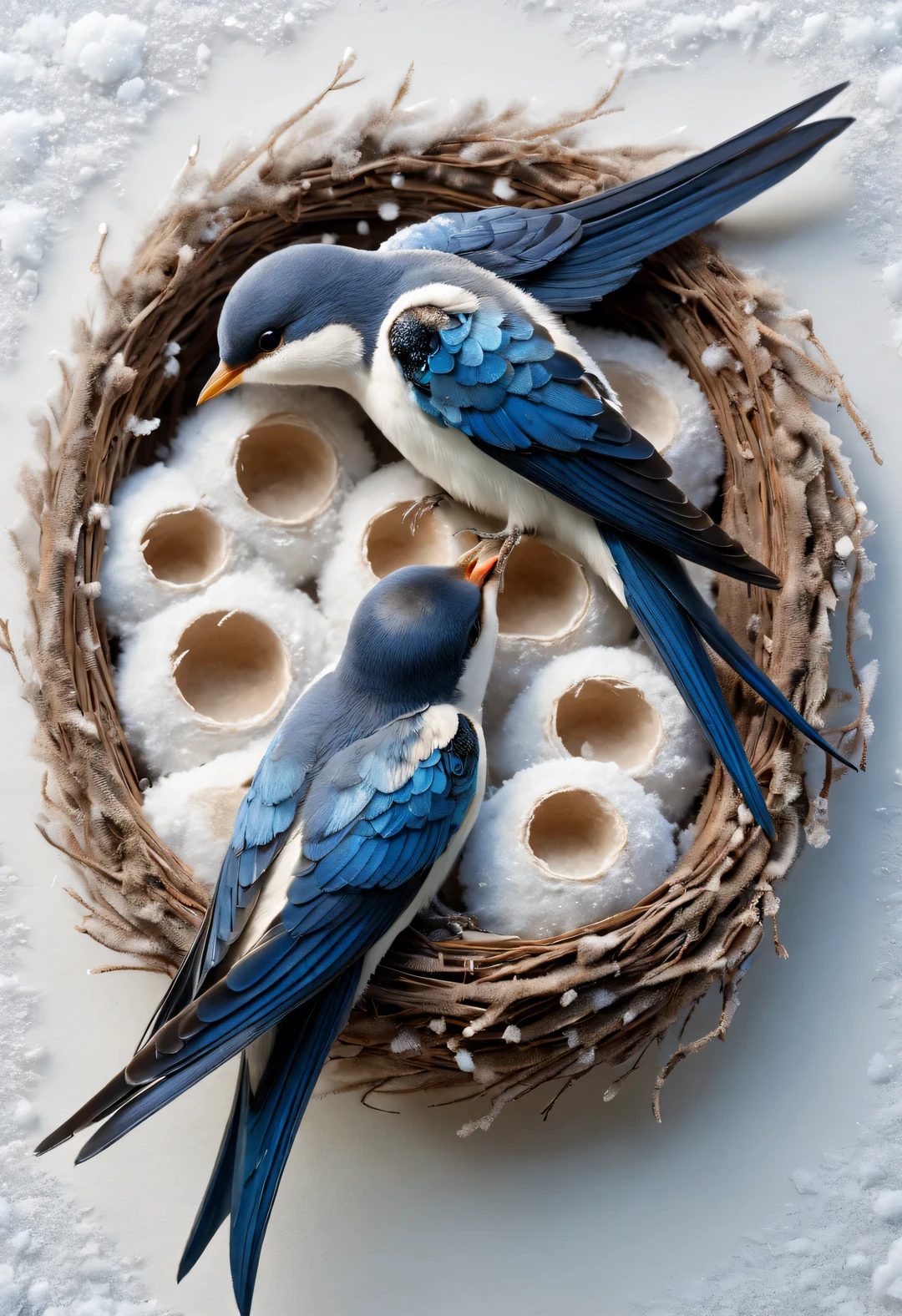 Gouache style, Beautiful detailed ，（Mother swallow is feeding the little swallow in the nest），（Two little swallows open their mouths，Use their young mouths to fight for the little bugs brought by their mothers。.），Feathers shine with blue-black sheen，Each piece is like a carefully polished gem，Exudes a charming light， The nest is sometimes built in a tree cavity，The nest is mainly made of a mixture of mud and saliva，cup or disk，The nest has a rough appearance，Color is gray or brown，It&#39;s smoother inside，The color is slightly lighter， background：（Under the snow-covered eaves：0.68），（Big nest covered with snow），（Bottom-up perspective：0.8）