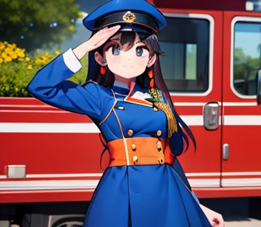 arafed woman in blue and orange uniform saluting for a fire truck, 