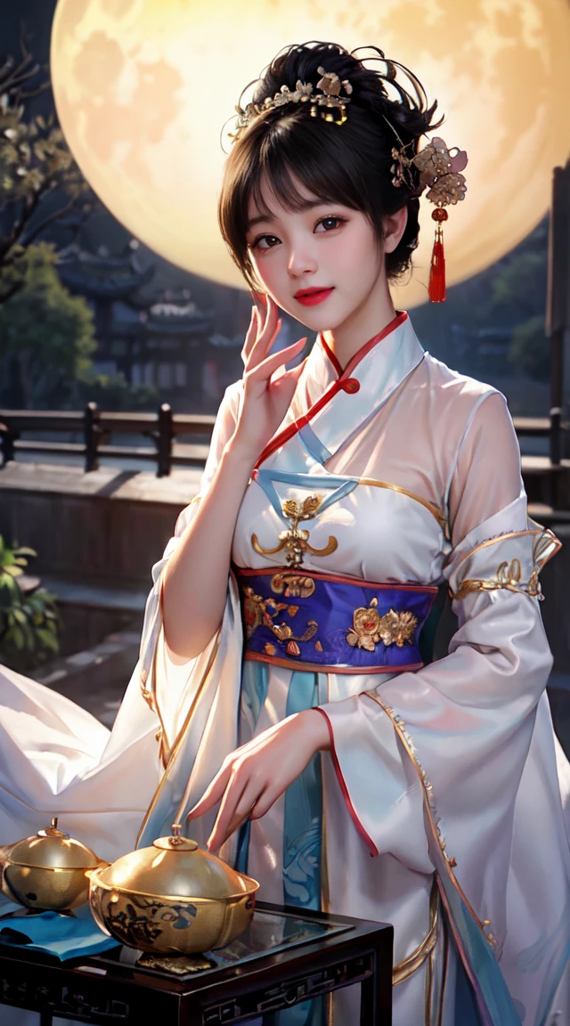(A girl is in the garden,Moon,change,Moon cake,rabbinic quality,ultra - detailed,actual:1.37,illustratio,Traditional chinese painting,harmonious colors,gentlesoftlighting