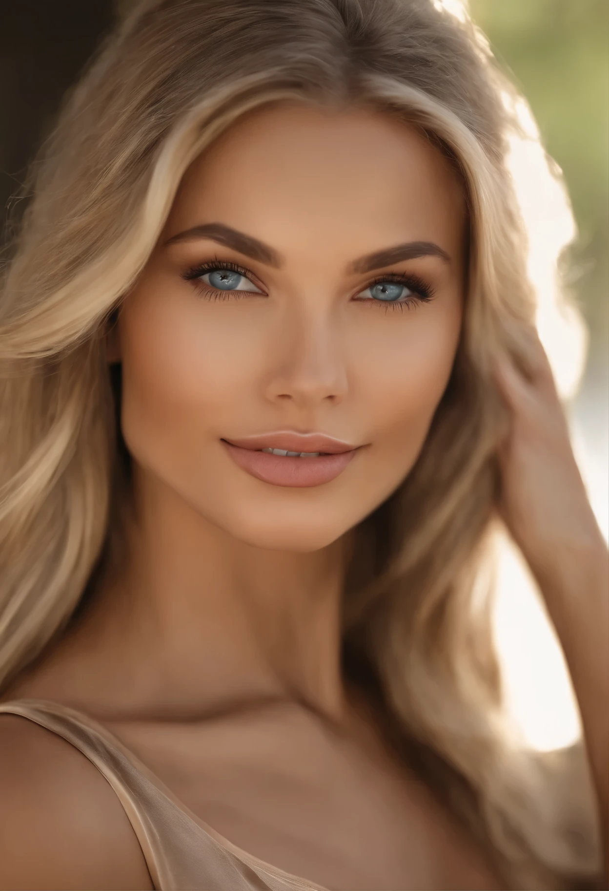 photorealistic close-up of a beautiful 23-year-old norvegian girl, attractive symmetrical face, slim face, hot face, captivating face, sexy face, blonde brown long hair, attractive blue eyes, full lips, elegant makeup, attractive face, seductive smile, natural brown skin tones, medium natural breasts, slim body, model body, elegant dress, photorealistic, ultra-realistic, realistic, sharp focus, extremely high detail, meticulous detail, excellent quality image,