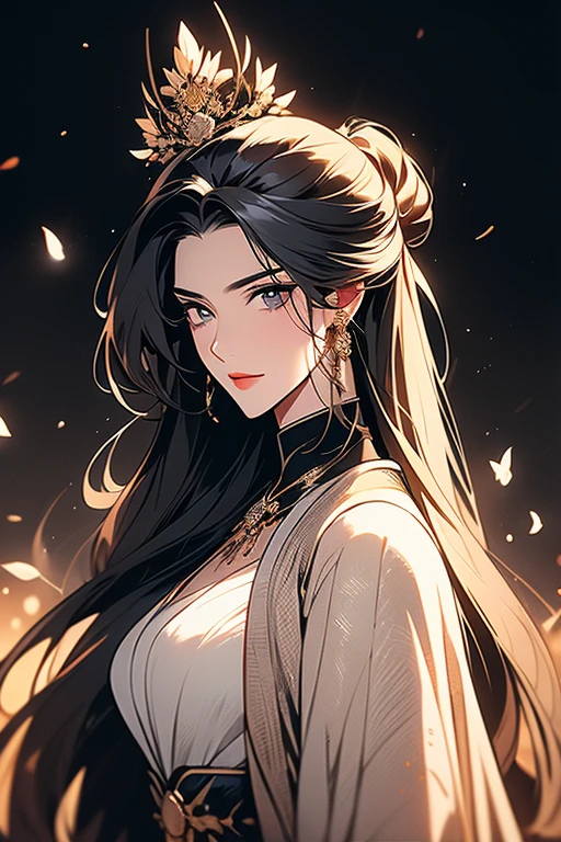 of a man, cabelos preto e longos, wearing a hanfu，The hair is neat, at the battlefield. Thousands of troops, big breasts and big breasts, butterflys, Siege equipment, Ancient background, antiquarian, Delicate and beautiful skin, exquisite facial features, cool colours, the complex background, beatiful background, Movie 4K, Very meticulous, tmasterpiece.