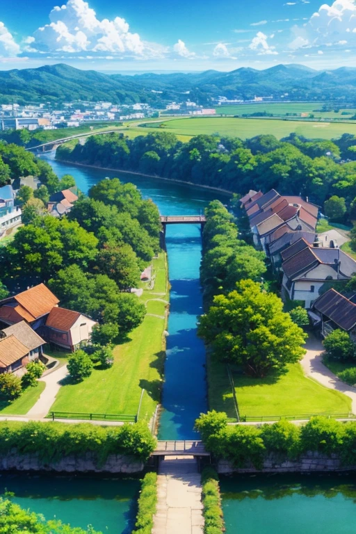 Animated scene of a small town with a river bridge, anime rural scenery, beautiful anime scenes, anime background艺术, screenshot of animation, anime scenery概念艺术, Anime beautiful peaceful scene, beautiful anime scenery, art style of rune factory 5, anime scenery, rune factory 5, anime scene, small town background, anime background, summer afternoon, background art