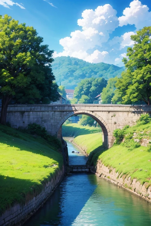 Animated scene of a small town with a river bridge, anime rural scenery, beautiful anime scenes, anime background艺术, screenshot of animation, anime scenery概念艺术, Anime beautiful peaceful scene, beautiful anime scenery, art style of rune factory 5, anime scenery, rune factory 5, anime scene, small town background, anime background, summer afternoon, background art