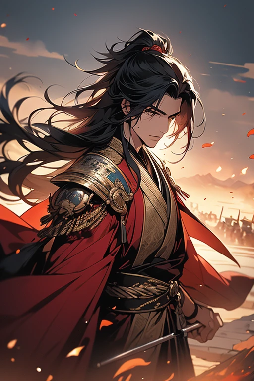 of a guy, malefocus，Long black hair, Dressed in Hanfu，Hair is neat, at the battlefield. Thousands of troops, karo, 火焰, Siege equipment, Ancient background, ancient wind , exquisite facial features, cool colours, the complex background, Beautiful background, Movie 4K, Very meticulous, tmasterpiece.