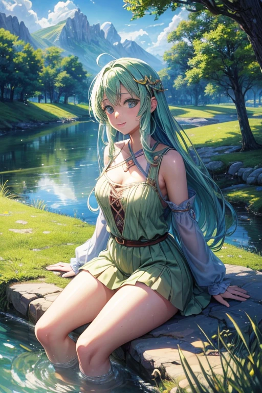 (best quality,4k,8k,highres,masterpiece:1.2),ultra-detailed,(realistic,photorealistic,photo-realistic:1.37),anime,beautiful and peaceful anime scenery,scenic countryside with a river bridge,anime background art,anime movie screenshot,anime landscape concept art,beautiful and peaceful anime scenery,beautiful anime scenery,art style of Rune Factory 5,anime landscape,Rune Factory 5,anime scenery,town background,anime background,summer afternoon,background art