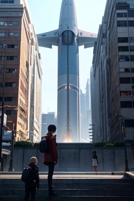 People walking around in a big white building，There is a clock on it, spaceship in background, starship in background, A family leaves a spaceship, 电影屏幕screenshot, 星球大战电影screenshot, Someone is doing experiments inside, Depicted as a science fiction scene, screenshot, still from live action movie, YouTube 视频screenshot, screenshot