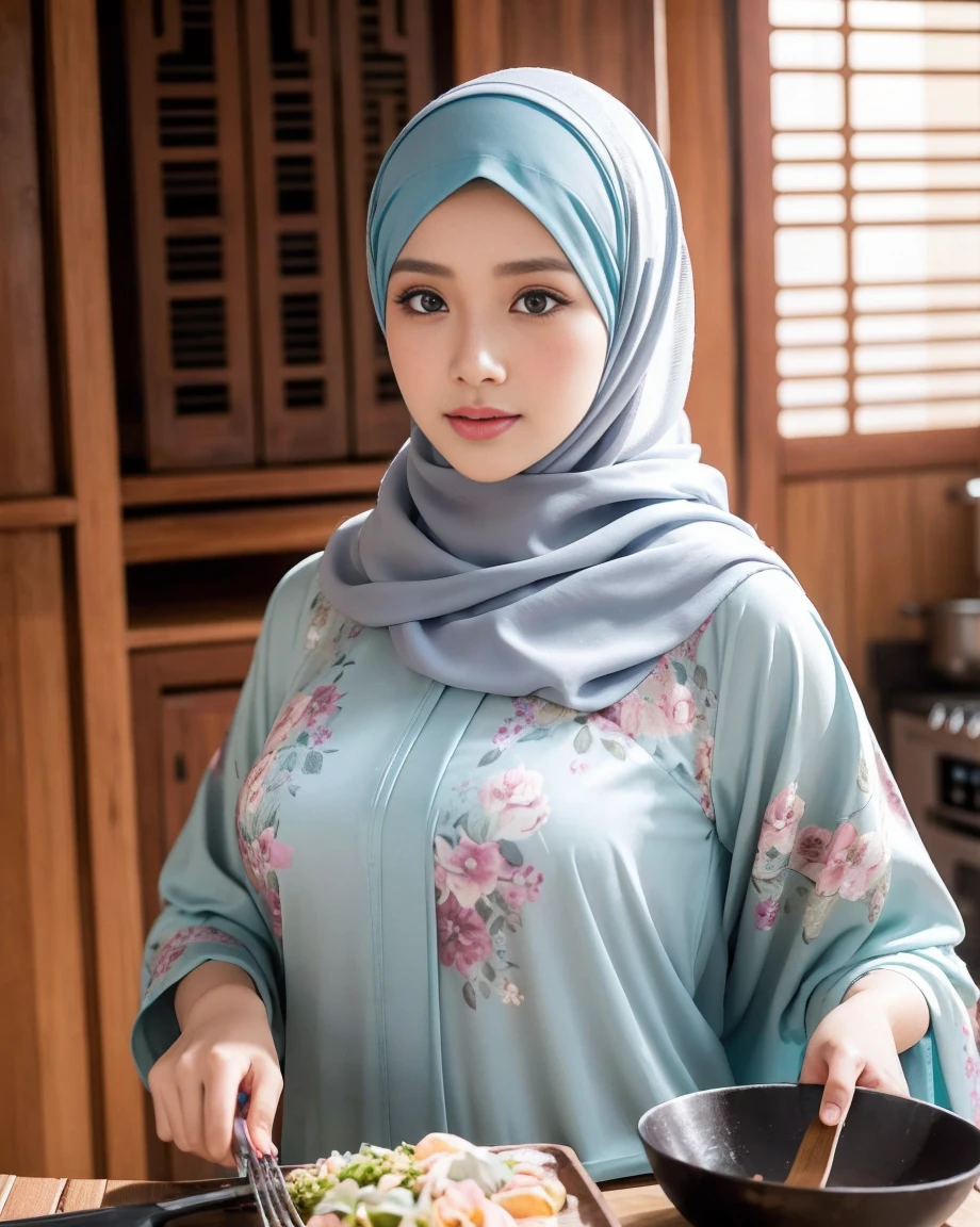 a malay woman, beautiful detailed eyes, beautiful detailed lips, long eyelashes, wearing hijab, pastel color floral abaya, half body, masterpiece:1.2, sexy pose, cooking in the kitchen in a malay village house, vibrant colors, soft lighting, bokeh, realistic skin, skin pores