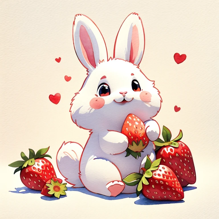 Rabbit holding strawberry，watercolor，cute