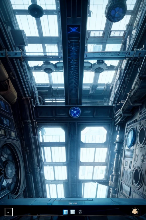 Araf view of clock in building with skylight, tardis console room, At the Interstellar Headquarters, inside the tardis, Someone is doing experiments inside, location is inside the tardis, Aperture test room, Inside the Star Destroyer, Movie screenshots, Engine room on a starship, Screenshots, interstellar infinity portal, inside spaceship