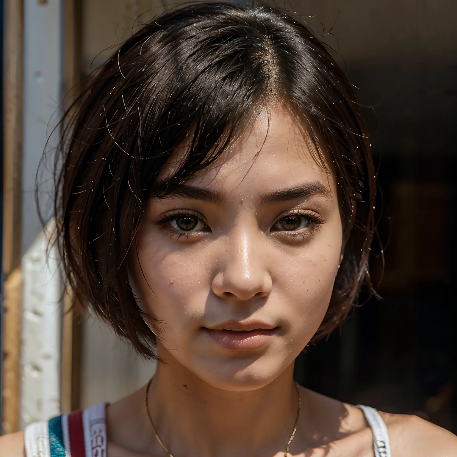 20 years old hong kong handsome girl, small eyes, beautiful face, closeup selfie, one-length short hair