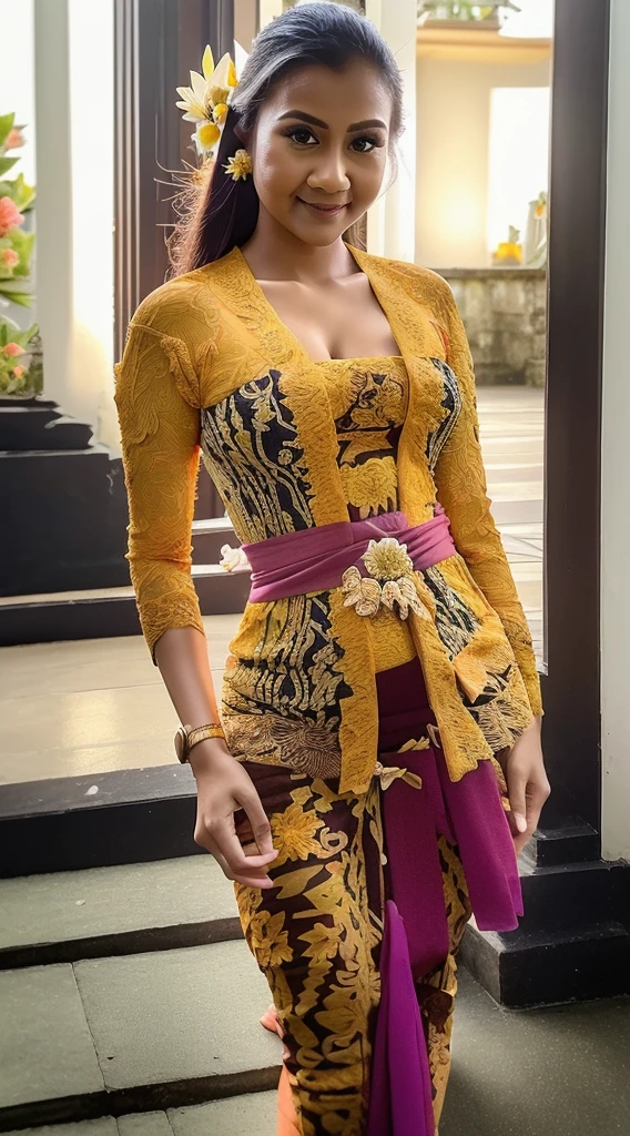 A Balinese Girl holding a bouquet of cempaka flowers,(8k, RAW photo, best quality, work:1.3), (realistic, photo-realistic:1.37),1girl,cute,city view,night,rain,wet,professional lighting,photon mapping , radiosity, Physically based rendering, gradient black hair, long straight hair, beautiful, feminine, set of white balls, excellent image quality, high resolution, 1080p, (((clear face))), (detailed face description), (description detailed hands), ((( masterpiece))), (exquisite CG), extreme light and shadow, messy hair, masterpiece, rich details, (exquisite facial features), (highest image quality), (masterpiece), (detailed eyes), look forward to your eyes, delicate collarbone, (((kebaya_bali,kebaya_bali green,kebaya_bali orange,kebaya_bali blue,kebaya_bali black,kebaya_bali white,kebaya_bali yellow,kebaya_bali white flower,kebaya_bali pink,kebaya_bali red)))