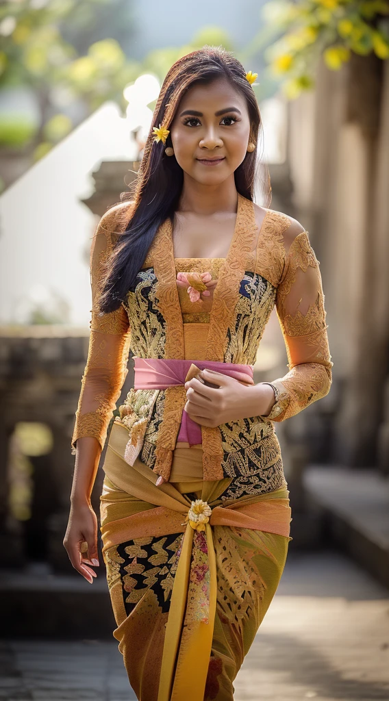 A Balinese Girl holding a bouquet of cempaka flowers,(8k, RAW photo, best quality, work:1.3), (realistic, photo-realistic:1.37),1girl,cute,city view,night,rain,wet,professional lighting,photon mapping , radiosity, Physically based rendering, gradient black hair, long straight hair, beautiful, feminine, set of white balls, excellent image quality, high resolution, 1080p, (((clear face))), (detailed face description), (description detailed hands), ((( masterpiece))), (exquisite CG), extreme light and shadow, messy hair, masterpiece, rich details, (exquisite facial features), (highest image quality), (masterpiece), (detailed eyes), look forward to your eyes, delicate collarbone, (((kebaya_bali,kebaya_bali green,kebaya_bali orange,kebaya_bali blue,kebaya_bali black,kebaya_bali white,kebaya_bali yellow,kebaya_bali white flower,kebaya_bali pink,kebaya_bali red)))