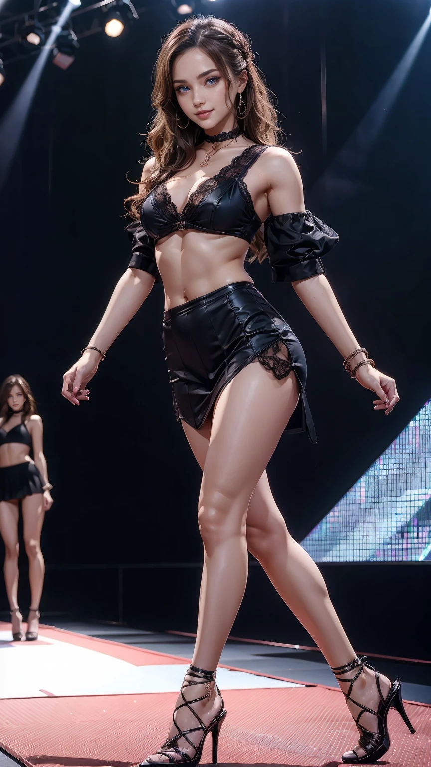25-year-old Caucasian woman、brunette、blue eyes、long hair、my hair is wavy、I'm wearing eyeshadow and lipstick、accessories on the wrist、wearing a choker、shiny skin、setting hair、smile、slim muscular body、I don't want my head to disappear from the screen.、wearing high heels、She is wearing an off-shoulder dress with lace、Abs are cracked、I can see my bellybutton、I'm wearing a mini-length pleated skirt、wearing high heels、Walking down the fashion show runway