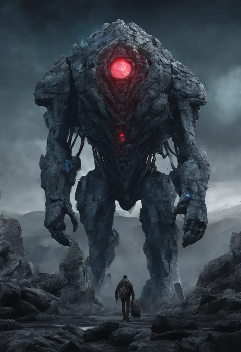 Stone monster, Ruby Eyes,lumpy arms,Stone Texture, blue core on chest, Dark and moody colors, High resolution artwork, Photorealistic style