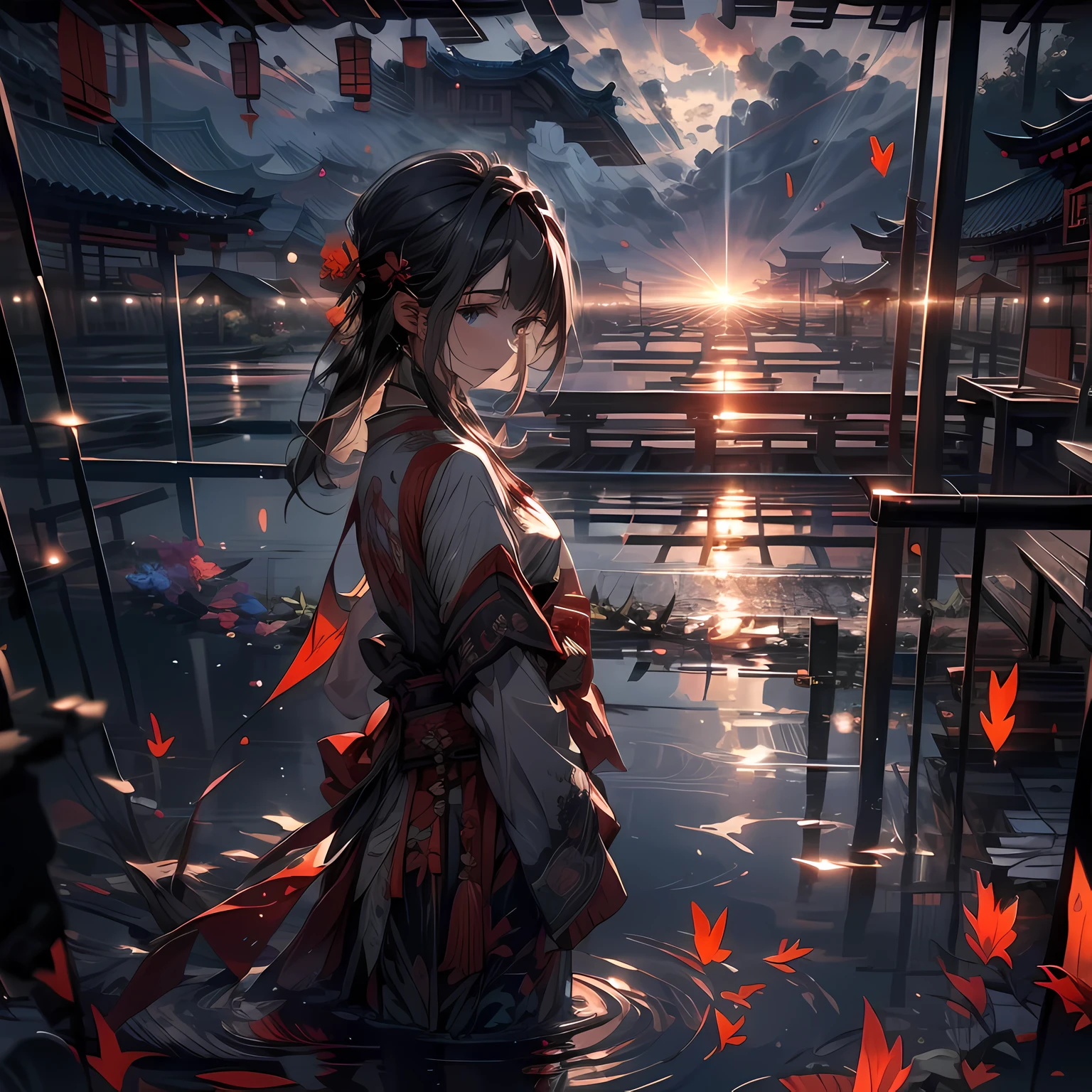 SFW, 1 girl, focus only, Throw, very wide lens, landscape, east asian architecture, Sunlight, sunrise, floating, cloud, Sky, rain, water, whole body, outdoor, landscape, depth of field