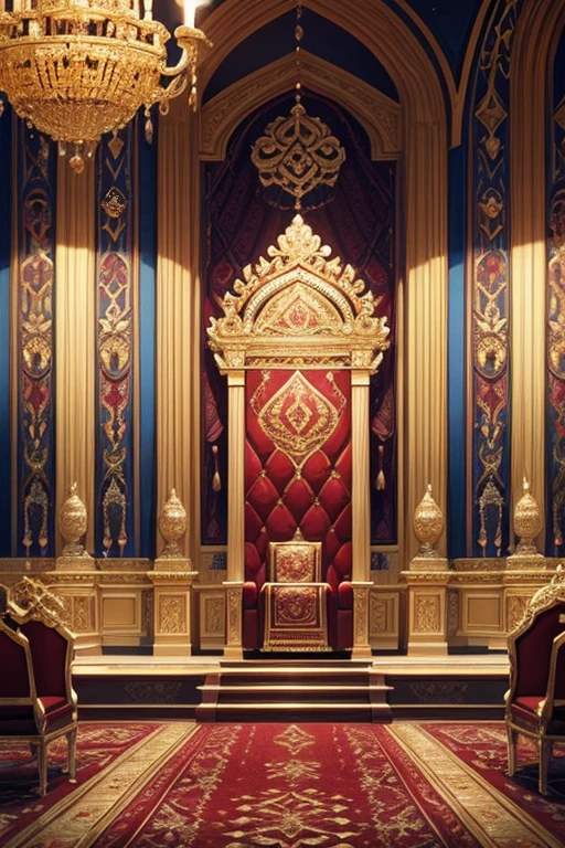 An extravagant king's throne room with intricate details, adorned with a magnificent red carpet, royal tapestries, and glistening golden ornaments. The room is bathed in soft, ethereal light from the grand windows, casting beautiful shadows on the opulent marble floors. The throne itself is a masterpiece, intricately carved with ornate Turkic patterns and studded with precious gemstones. The walls are adorned with shimmering murals depicting the history and glory of the kingdom, while intricately designed chandeliers illuminate the room with a warm, golden glow. The room exudes an air of grandeur and elegance, befitting the ruler of a prosperous kingdom.