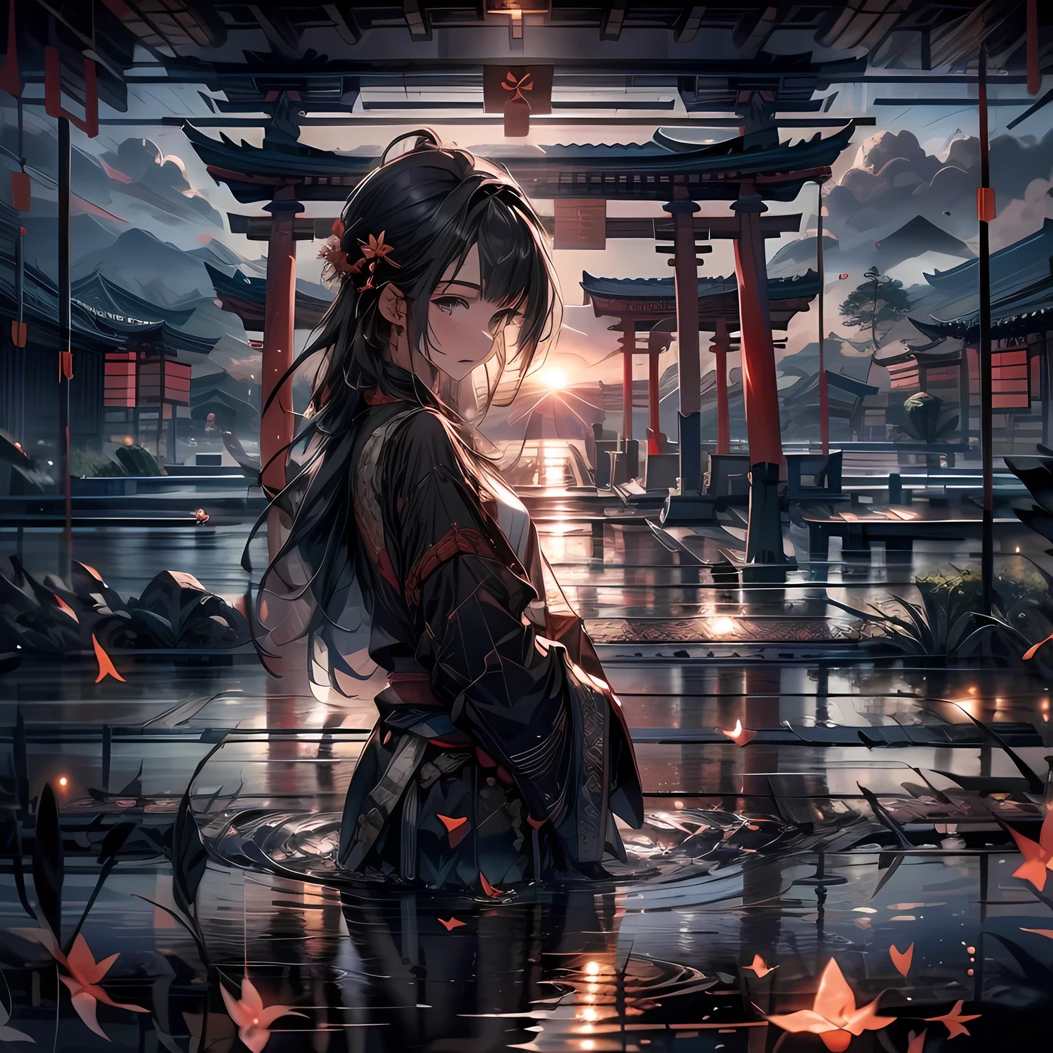 SFW, 1 girl, focus only, Throw, very wide lens, landscape, east asian architecture, Sunlight, sunrise, floating, cloud, Sky, rain, water, whole body, outdoor, landscape, depth of field