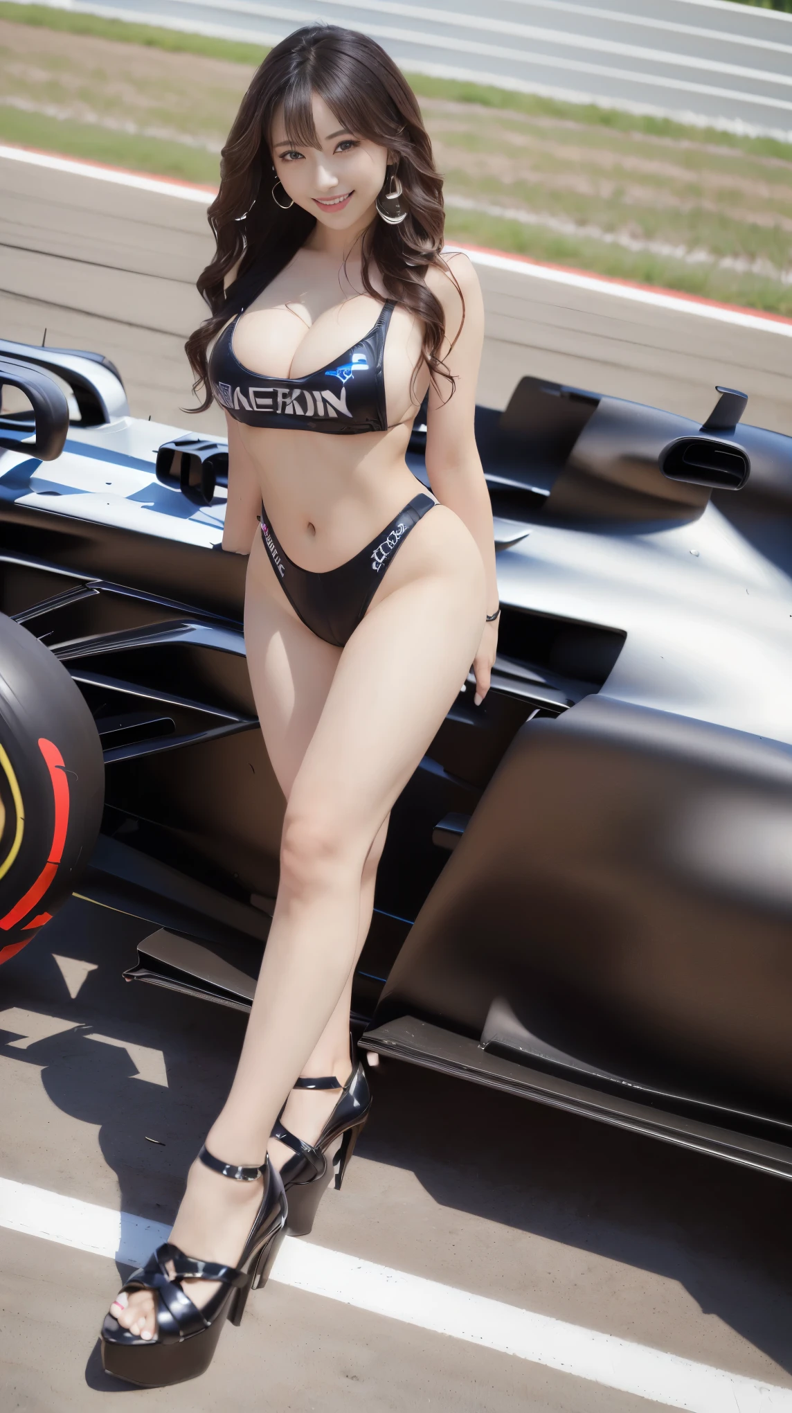 (8K、ultra high resolution、highest quality、masterpiece、realistic、ultra high resolution)、(big breasts、Campaign Gal、必ず白いCampaign Gal衣装、Stand with your crotch wide open:1.28)(F1 venue、circuit、black long hair:1.23)japanese woman、cute smile、stiletto heels