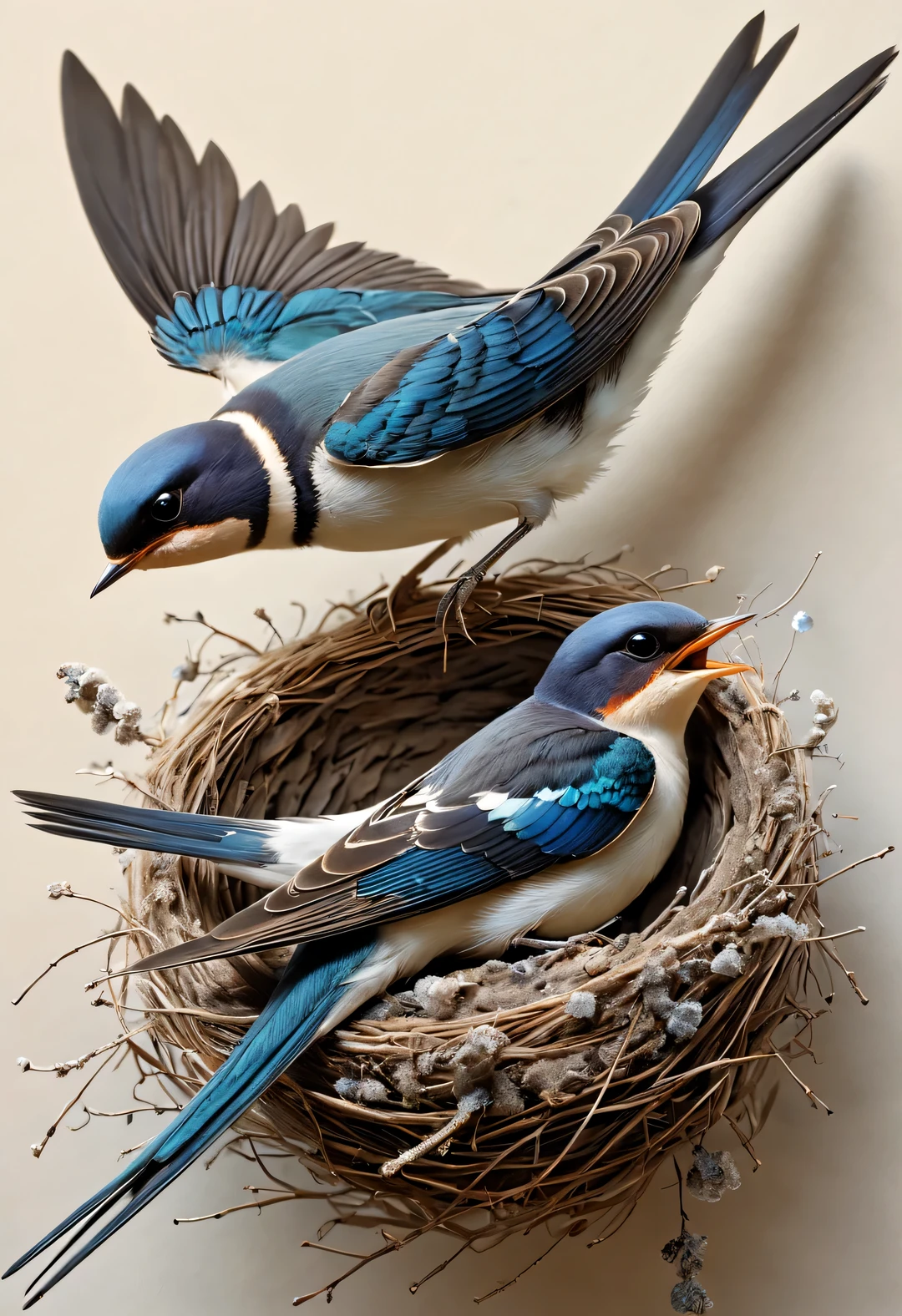 Gouache style, Beautiful detailed ，（Mother swallow is feeding the little swallow in the nest），（Two little swallows open their mouths，Use their young mouths to fight for the little bugs brought by their mothers。.），Feathers shine with blue-black sheen，Each piece is like a carefully polished gem，Exudes a charming light， The nest is sometimes built in a tree cavity，The nest is mainly made of a mixture of mud and saliva，cup or disk，The nest has a rough appearance，Color is gray or brown，The color is slightly lighter， （Little swallow and nest covered with snow），（Bottom-up perspective：0.8）