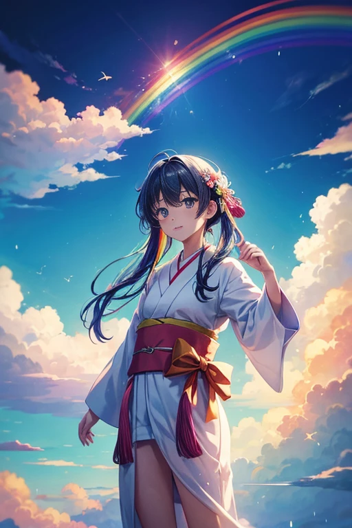 There is a rainbow in the sky,The background is a rainbow, Bright rainbow rain clouds, beautiful floating clouds. Japanese cartoons, rainbow background, Rainbow Ofanimu stills, Elegant rainbow rain clouds, Anime Cloud, colorful Japanese cartoons movie background, rainbow in the sky, Anime Sky, 发光的天空paradise background, Japanese cartoons backgrounds, Rainbow clouds, paradise background, Japanese cartoons movie backgrounds