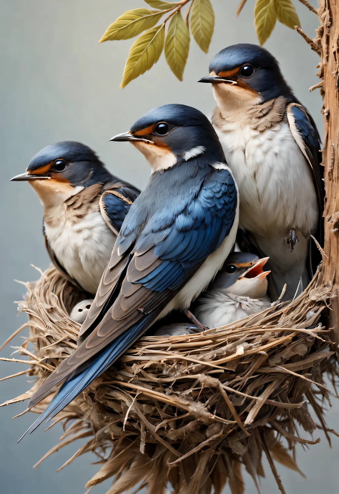 Gouache style, Beautiful detailed ,(Mother swallow is feeding the little swallow in the nest),(Two little swallows open their mouths,Use their young mouths to fight for the little bugs brought by their mothers。.),Feathers shine with blue-black sheen,Each piece is like a carefully polished gem,Exudes a charming light, The nest is sometimes built in a tree cavity,The nest is mainly made of a mixture of mud and saliva,cup or disk,The nest has a rough appearance,Color is gray or brown,The color is slightly lighter, (Little swallow and nest covered with snow),(Bottom-up perspective:0.8)