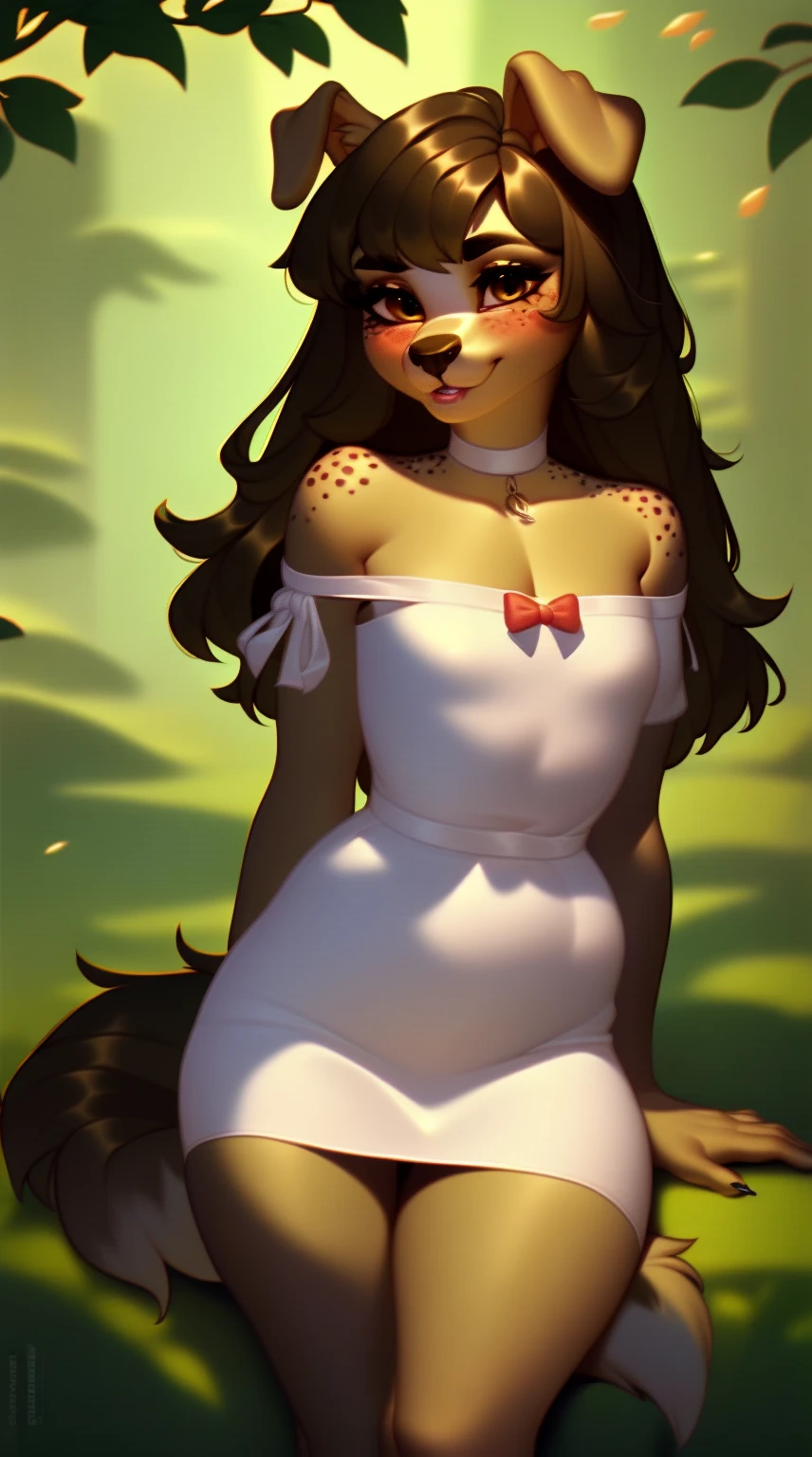 (score_9), (source_ derpibooru_p_95), (canine), ((anthro domestic dog :1.1)), (shoulderless short sun dress), shy, blushing, solo, realistic long hair, bangs, anatomically correct, flat chest, curvy figure, high res, pink bottom lip, extremely detailed, ten, puppy, absolutely stunning, freckles,