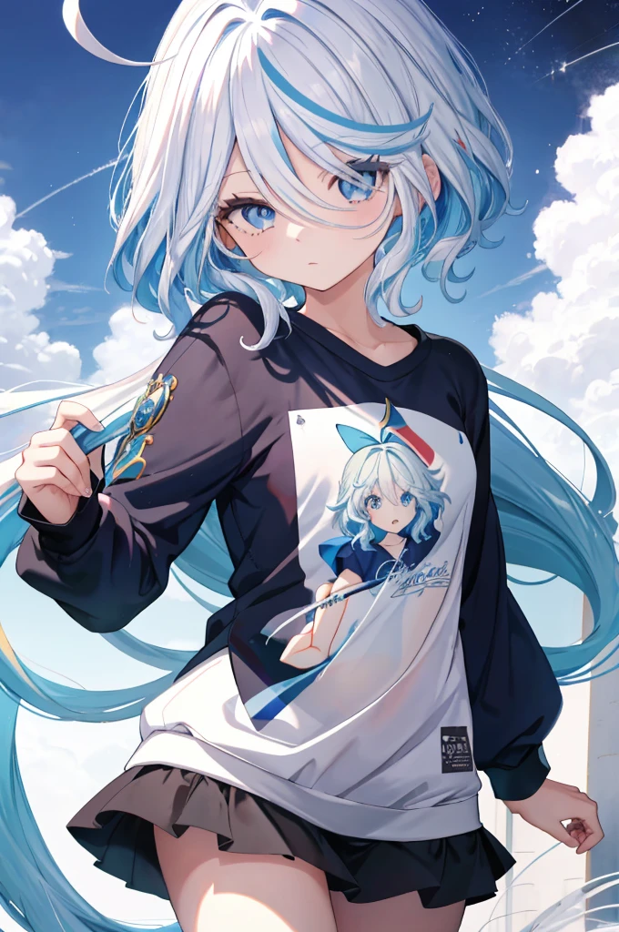 Furina  anime com cabelos brancos e olhos azuis, deus de cabelos brancos, garota retrato, camiseta, sweatshirt, Anime Girl with Cosmic Hair, com cabelos brancos, cabelos brancos, arte digital no Pixiv, retrato de anime Cirno, trends on artstation pixiv, cabelos brancos perfeitos, cabelo branco, retrato de olhos azuis, a miniskirt